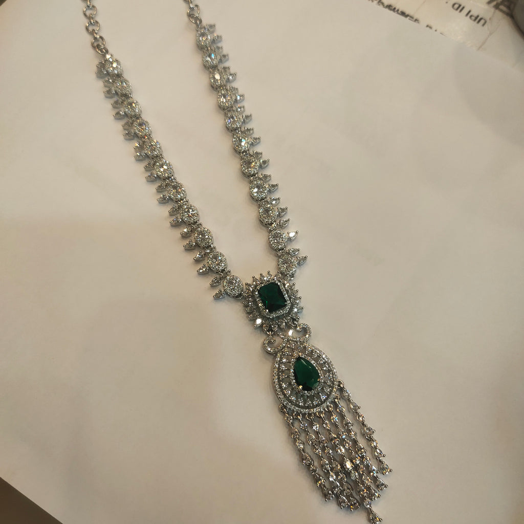 Rhodium Plated Green Emerald Zircon Necklace Set - Western Style