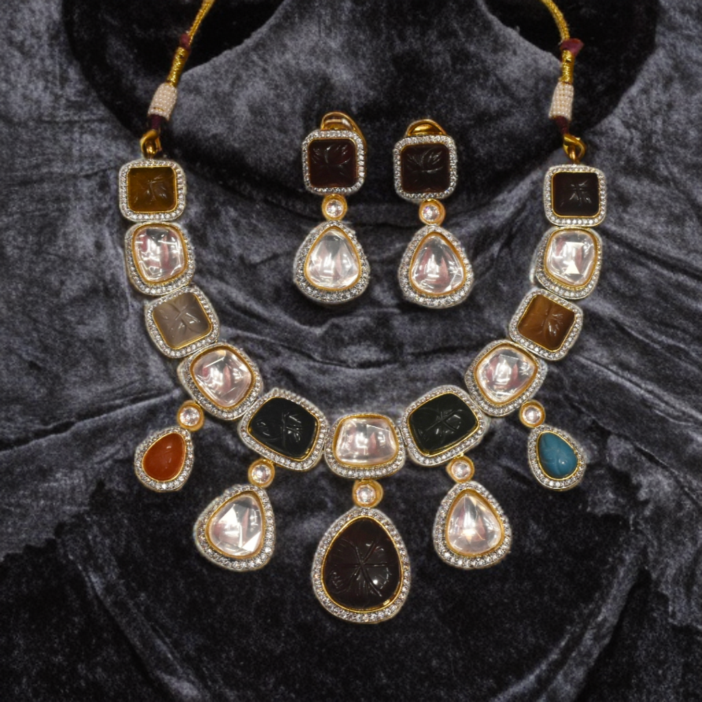 Wedding Wear Navratan Polki Moissanite Kundan Necklace Set By Asp Fashion Jewellery