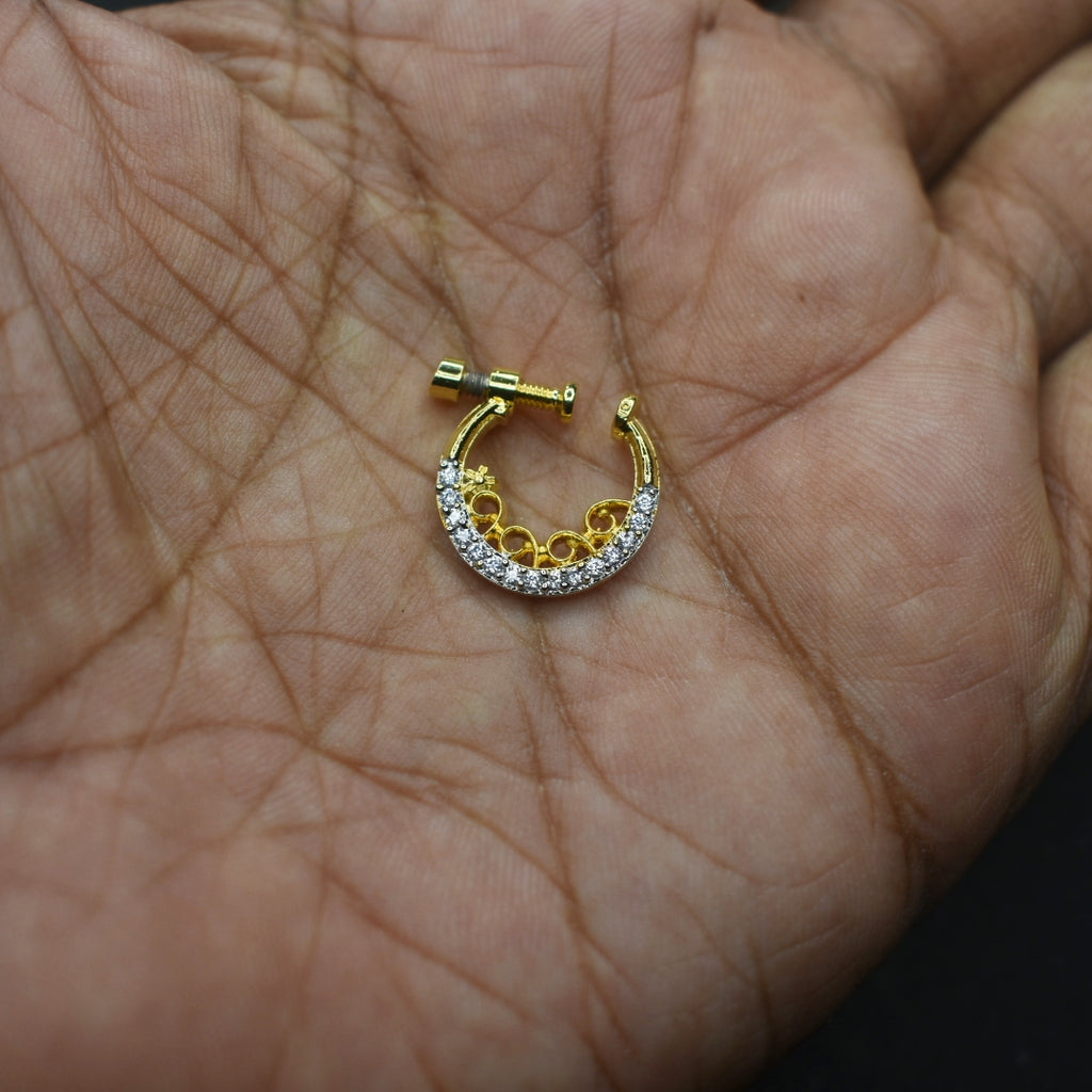 White CZ Rhodium Gold Bridal South Indian Nath | No Piercing Nose Ring 1.5cm