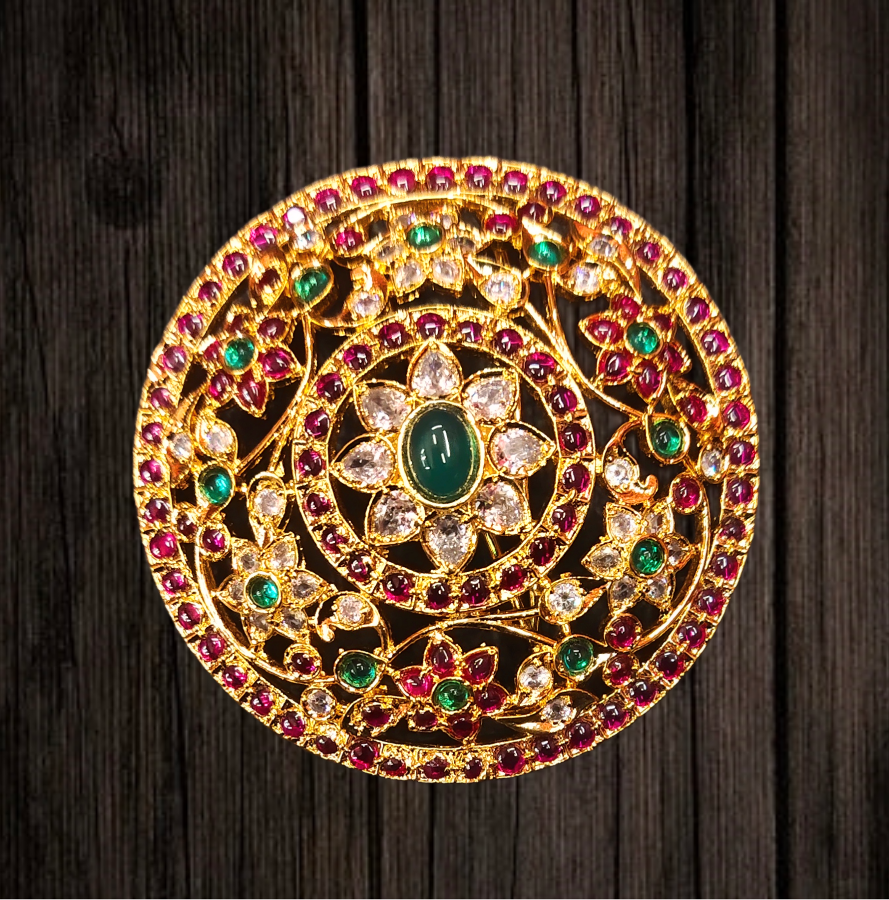 Round Kempu Juda Pin - Traditional Red Stone Hair Accessory