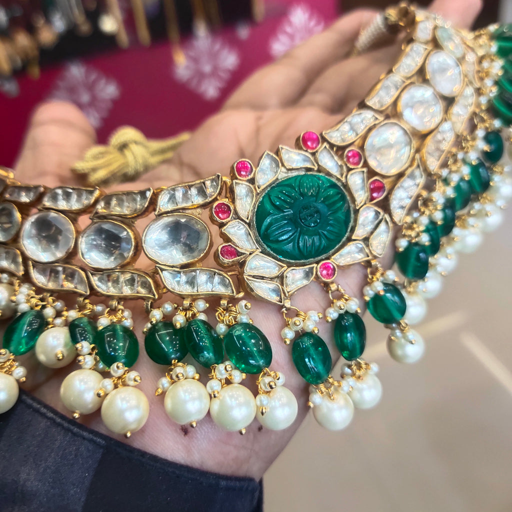 Exquisite Handcrafted Pachi Kundan Emerald Necklace Set