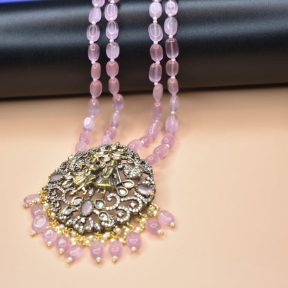 "Regal Elegance: Victorian Radhakrishna Pendant Set with Pink Beads Necklace"