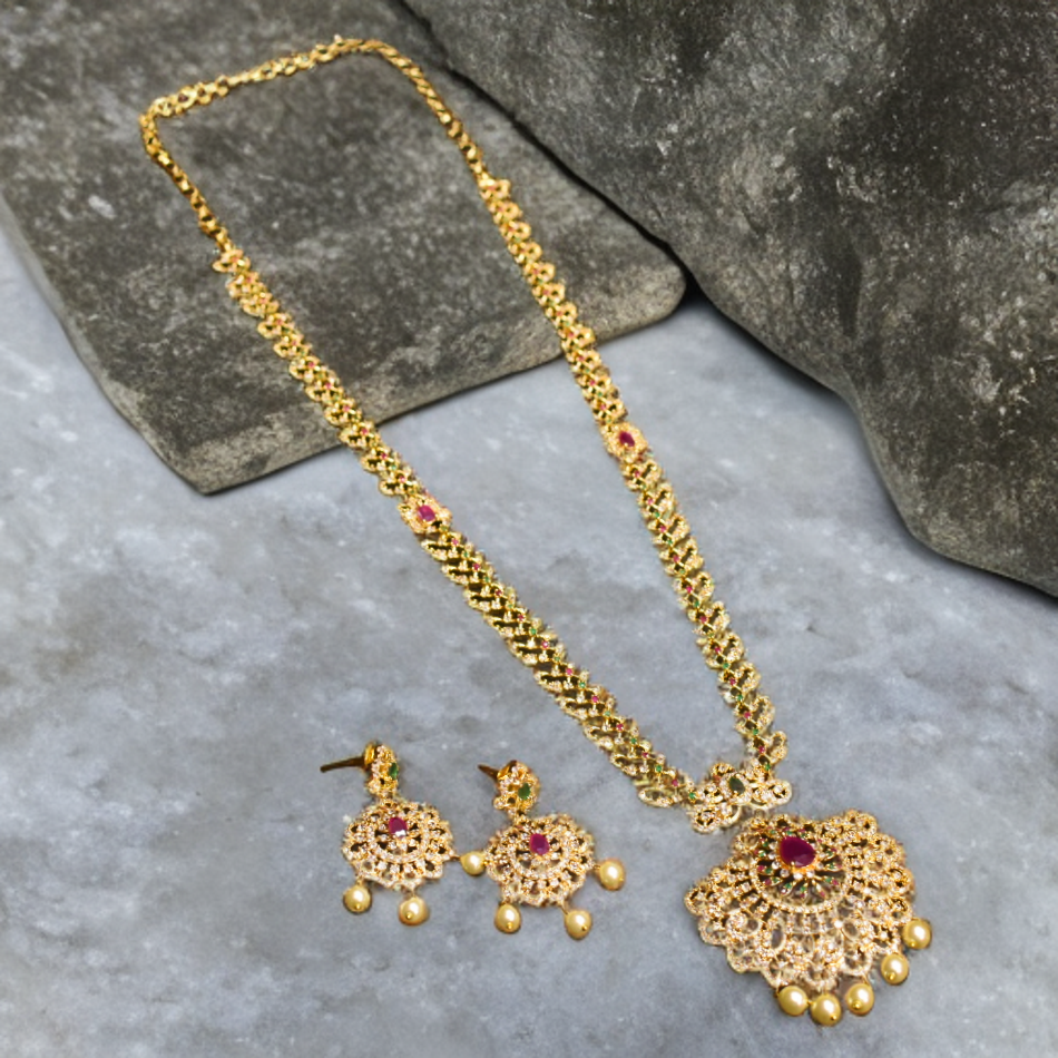 Asp Cz Gold Plated Long Necklace Set