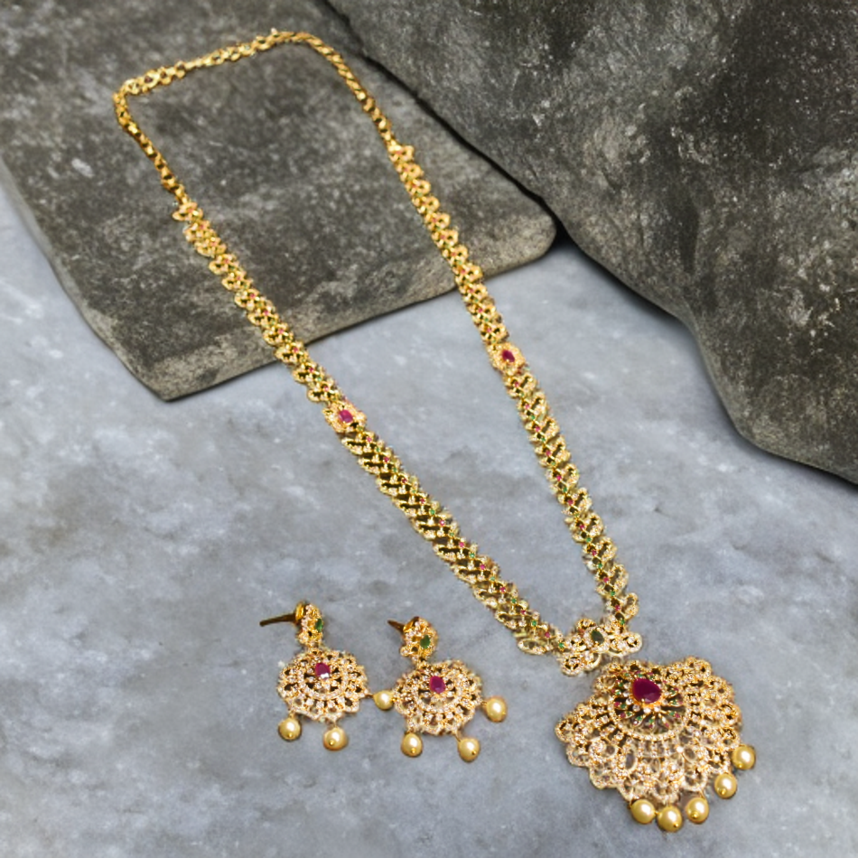 CZ Gold Plated Long Necklace Set - Timeless Elegant Bridal Jewelry