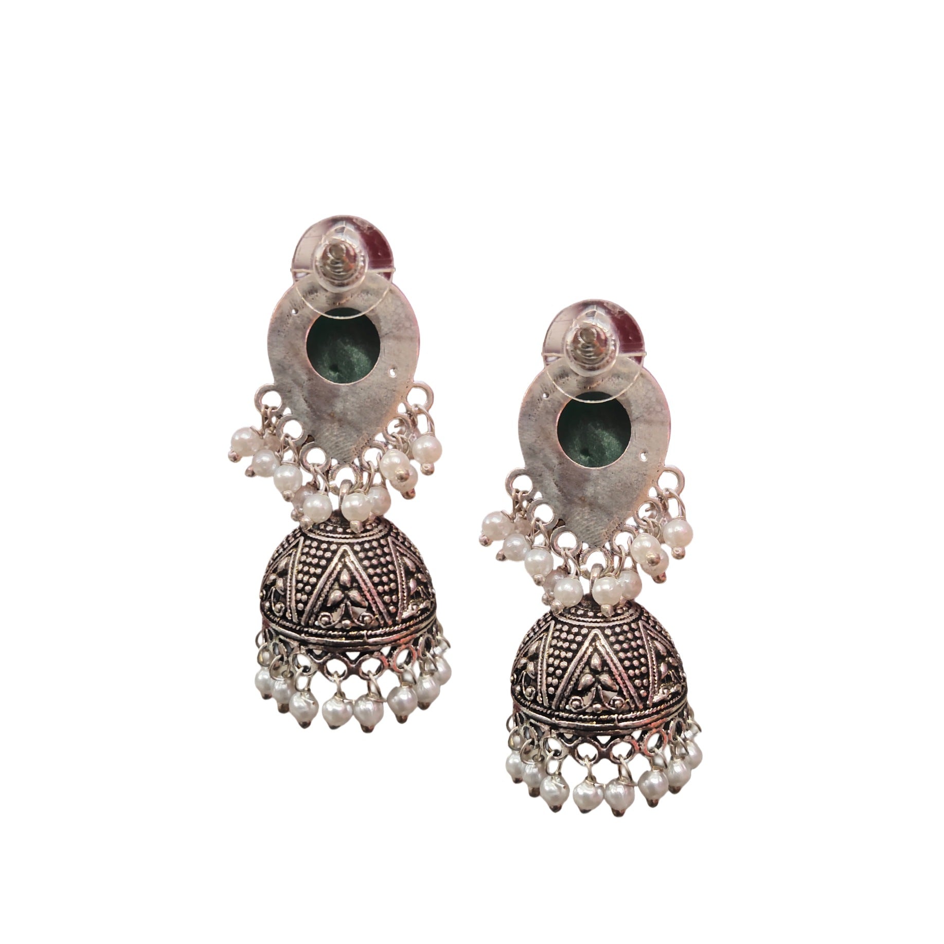 Traditional Oxidized Silver Jhumka Earrings - Pink Stone Embellished