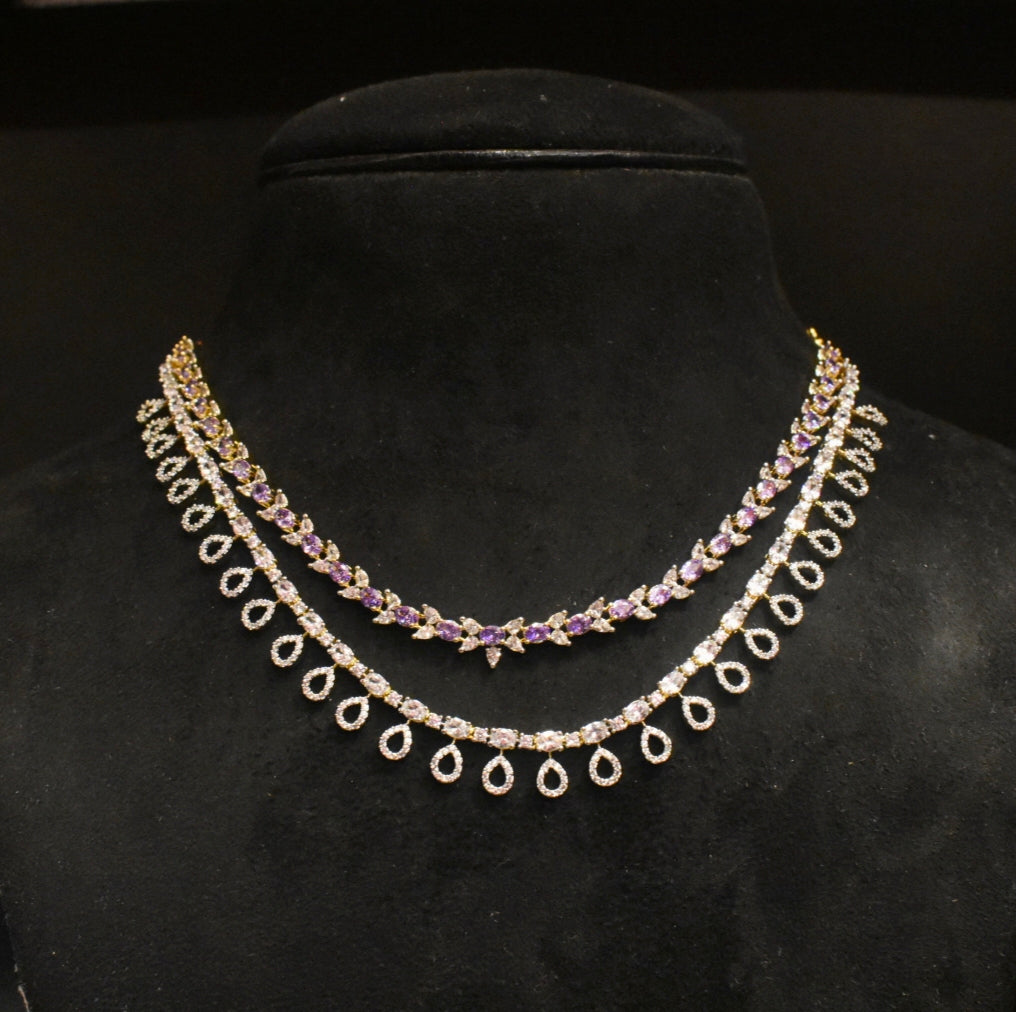 Two Layer Zircon Necklace Set - Two Tone Gold-Rhodium Polish
