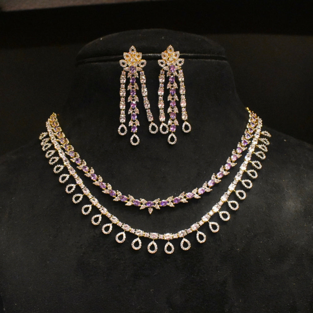 Two Layer Zircon Necklace Set - Two Tone Gold-Rhodium Polish