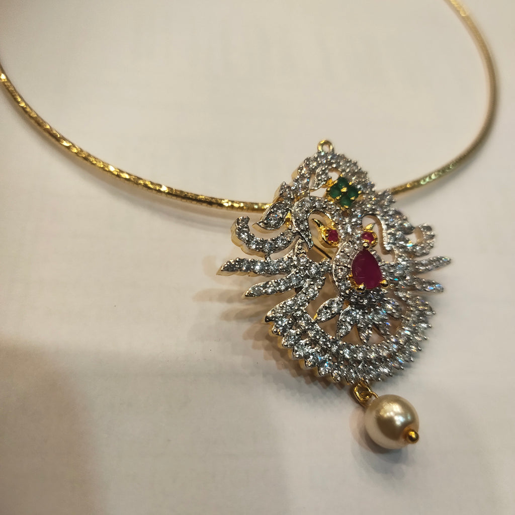 Asp Rhodium Gold Cubic Zirconia Pendant With Shimmering 24K Gold-Plated Cord Chain