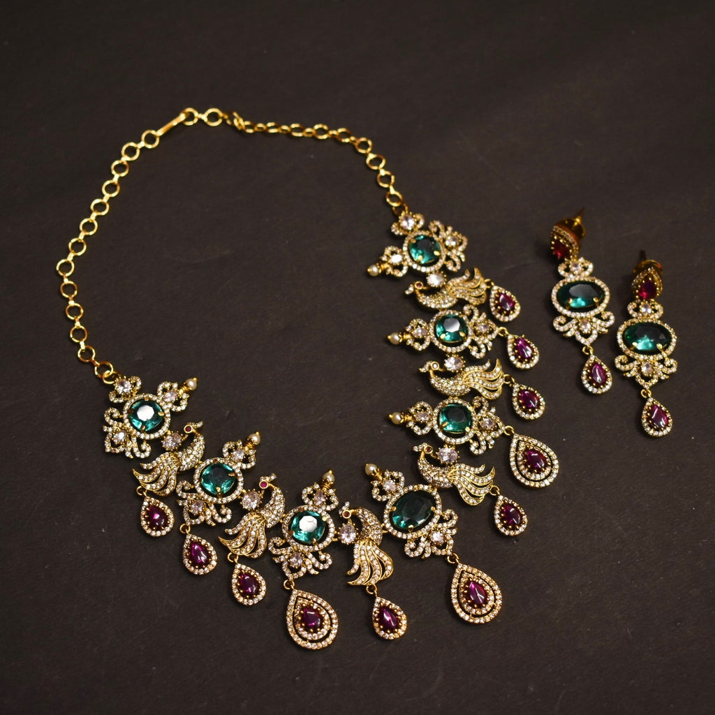 Victorian CZ Short Necklace Set - Ruby Emerald Studded Elegant Jewelry