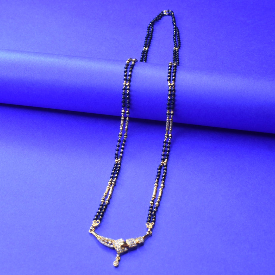 26-Inch American Diamond Mangalsutra with Black Beads | 24K Gold Plated Long Chain