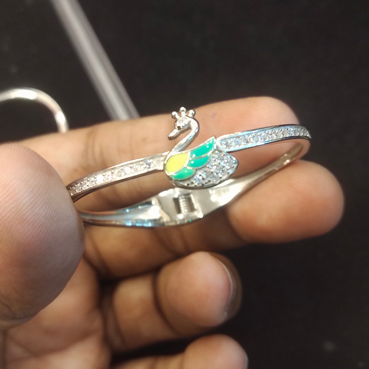 Kids 925 Silver Swan Bangle Bracelet | Enamel Crown Swan & CZ Stones