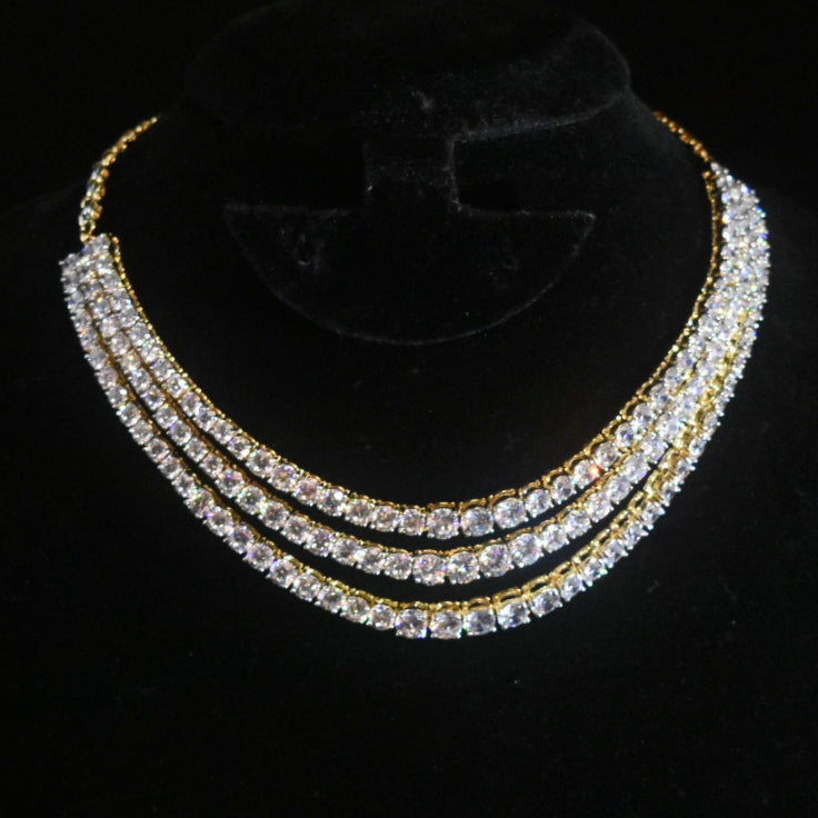 3 Layer Crystal Clear Solitaire Diamond Look Rhodium-Gold Double Tone Zircon Necklace Set with Earrings