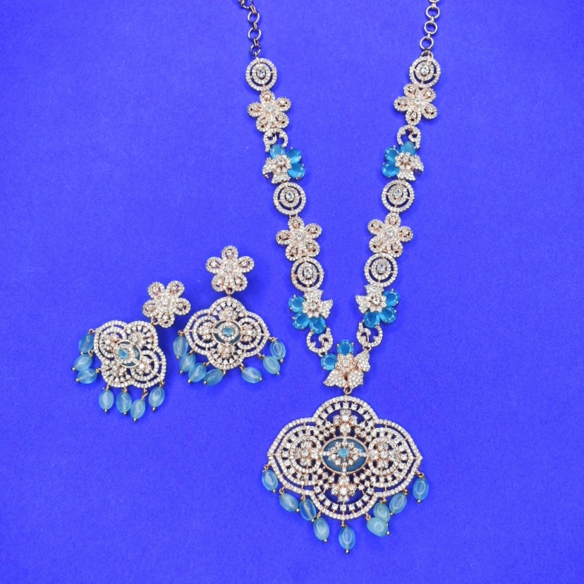 Designer Rose Gold American Diamond Necklace Set with Bead Hangings