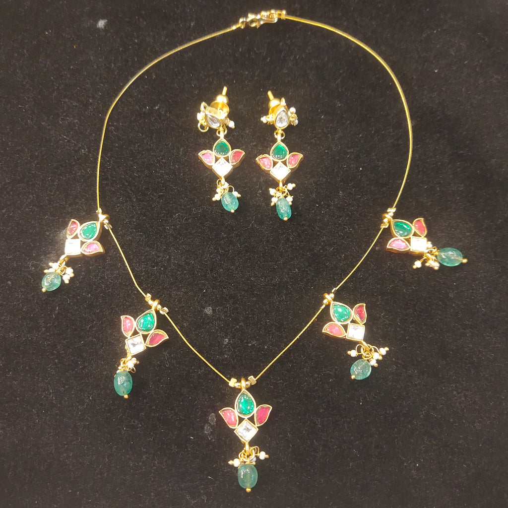 Kundan Meenakari Necklace Set with Earrings | Pink & Green Stone Gold Plated Jewellery