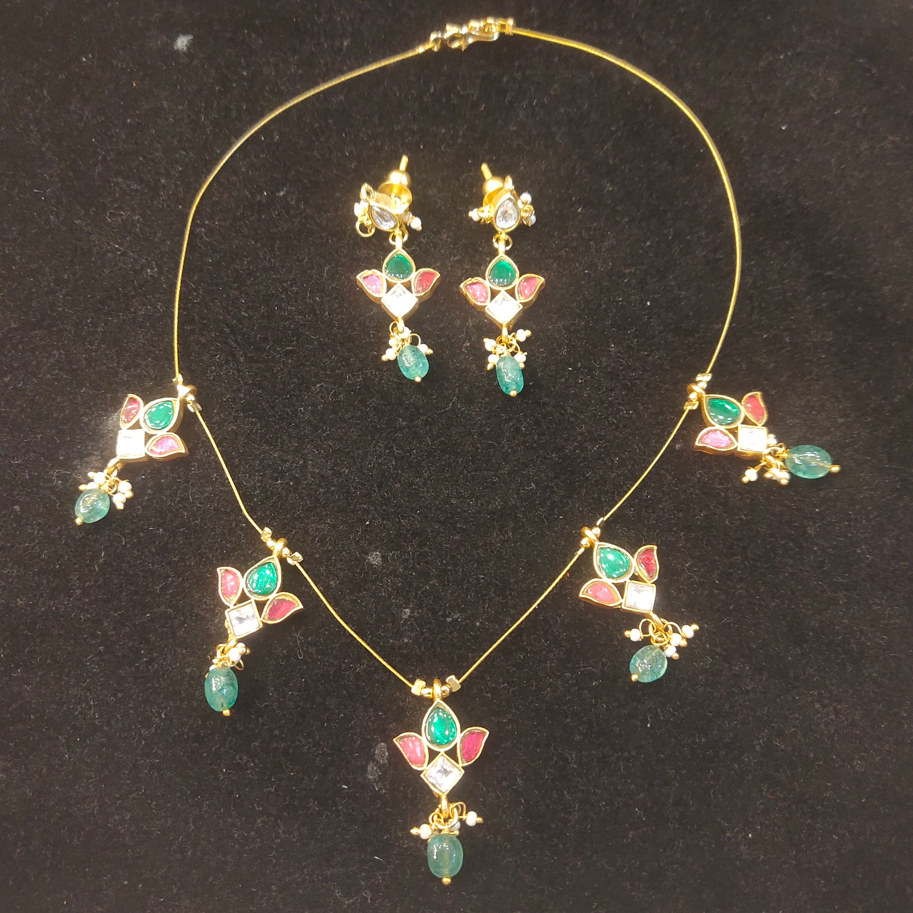 Kundan Meenakari Necklace Set with Earrings | Pink & Green Stone Gold Plated Jewellery