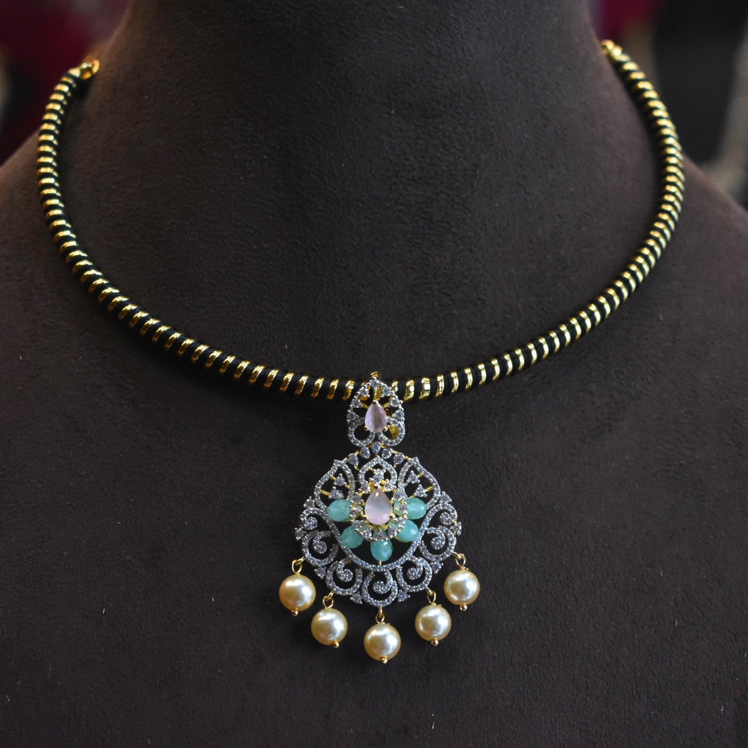 Zircon Black Thread Kanti Necklace Set | Rhodium Gold Plated Choker
