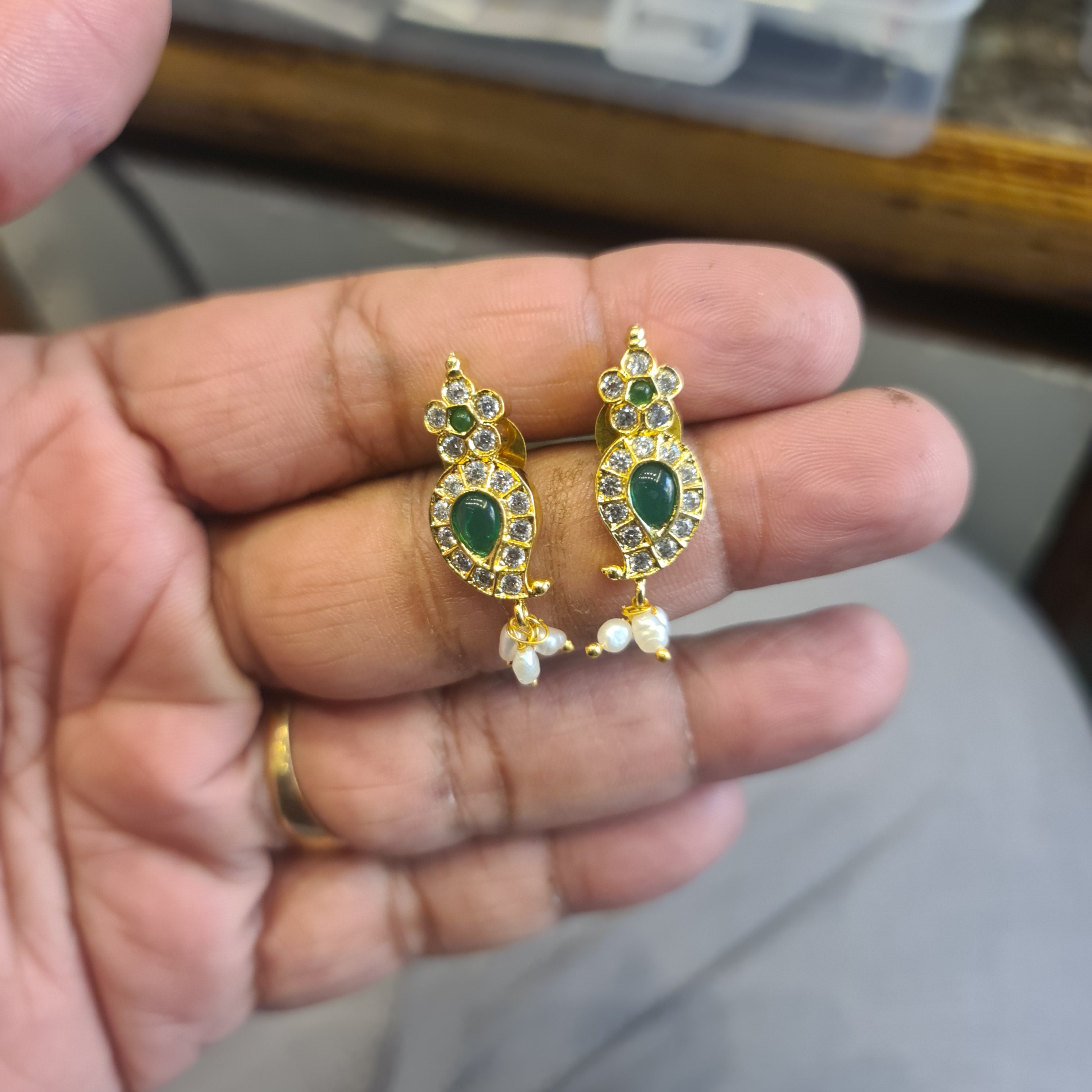 Polki CZ Teardrop Mango Studs | Ruby & Emerald | Flower Top, Pearl Drops | Push Back