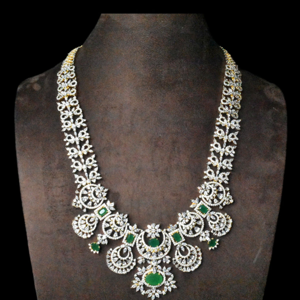 CZ Emerald Long Necklace Set with Jhumka Earrings | Bridal American Diamond Jewellery