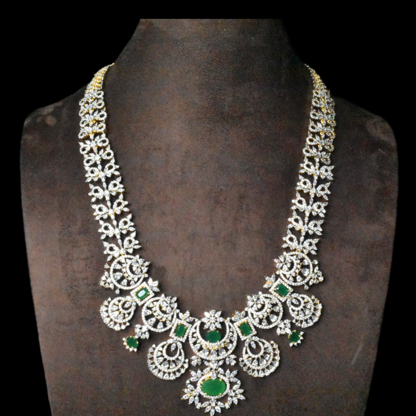 CZ Emerald Long Necklace Set with Jhumka Earrings | Bridal American Diamond Jewellery