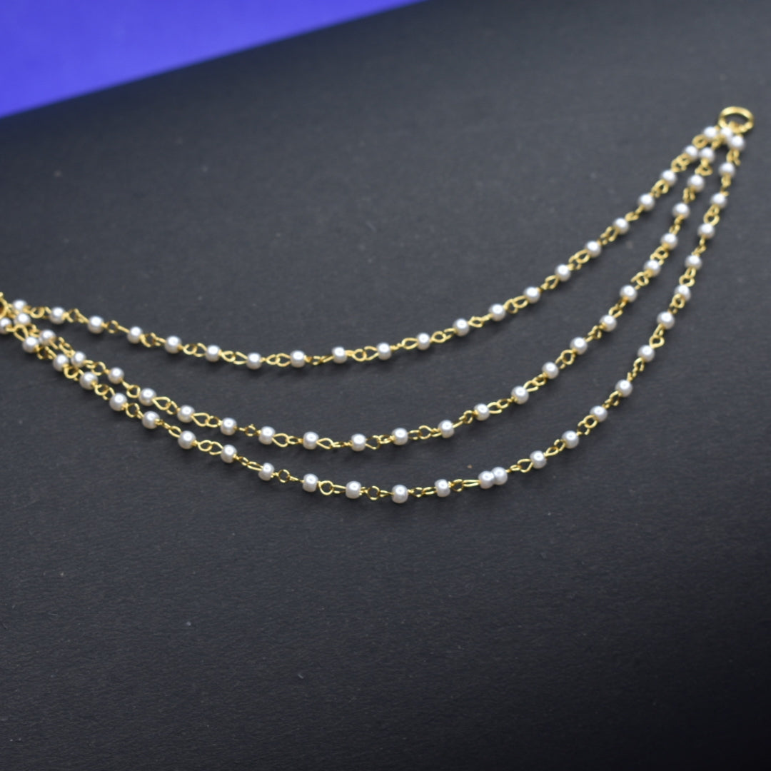 3 Line Pearl Champaswaralu - 24K Gold Plated Ear Chains