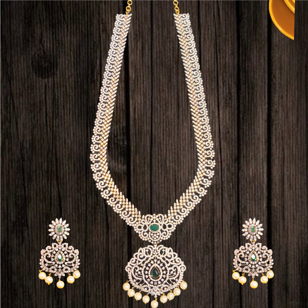 American Diamond Long Haram - Emerald & Pearl Bridal Necklace Set