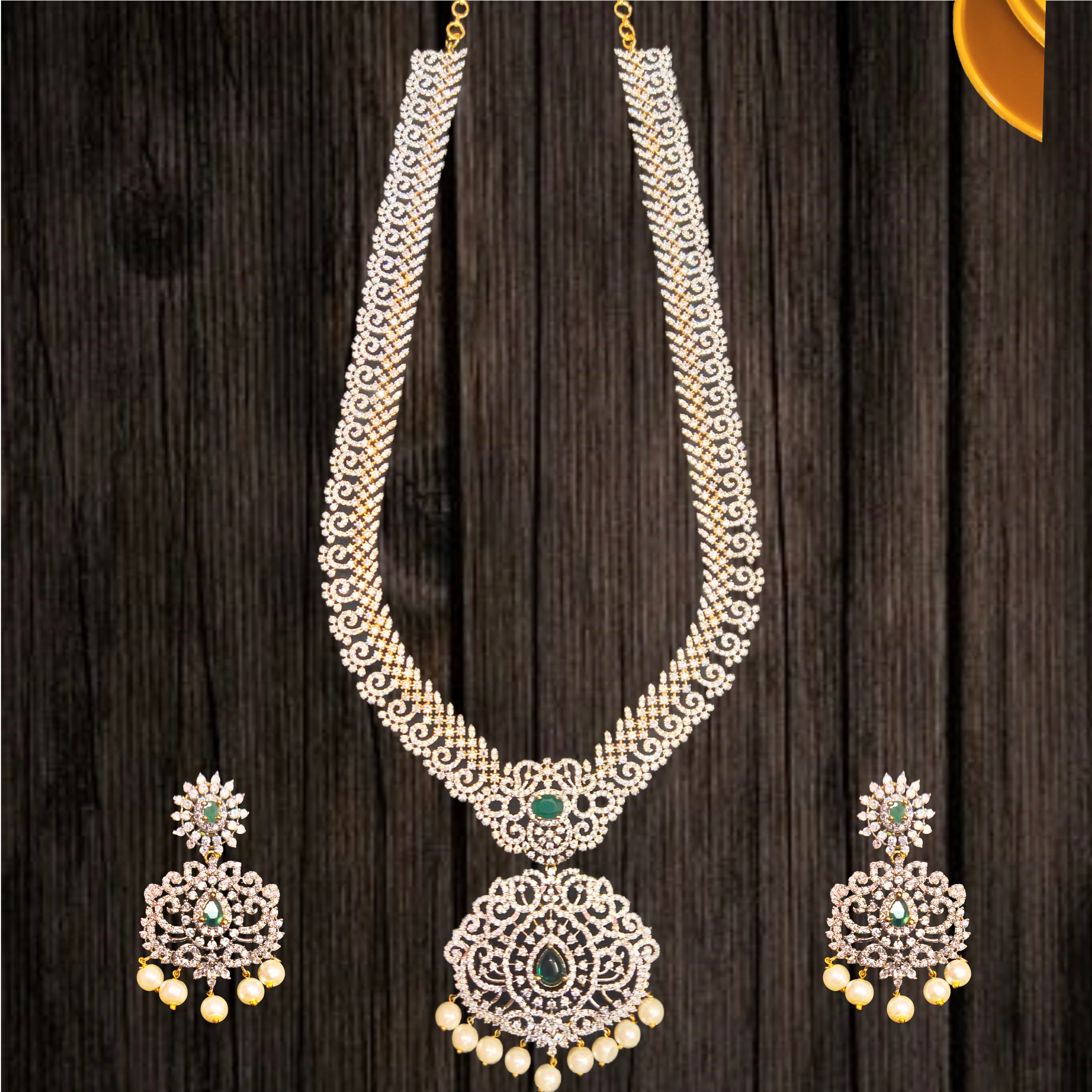 American Diamond Long Haram - Emerald & Pearl Bridal Necklace Set