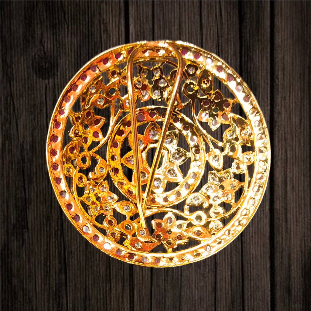 Round Kempu Juda Pin - Traditional Red Stone Hair Accessory