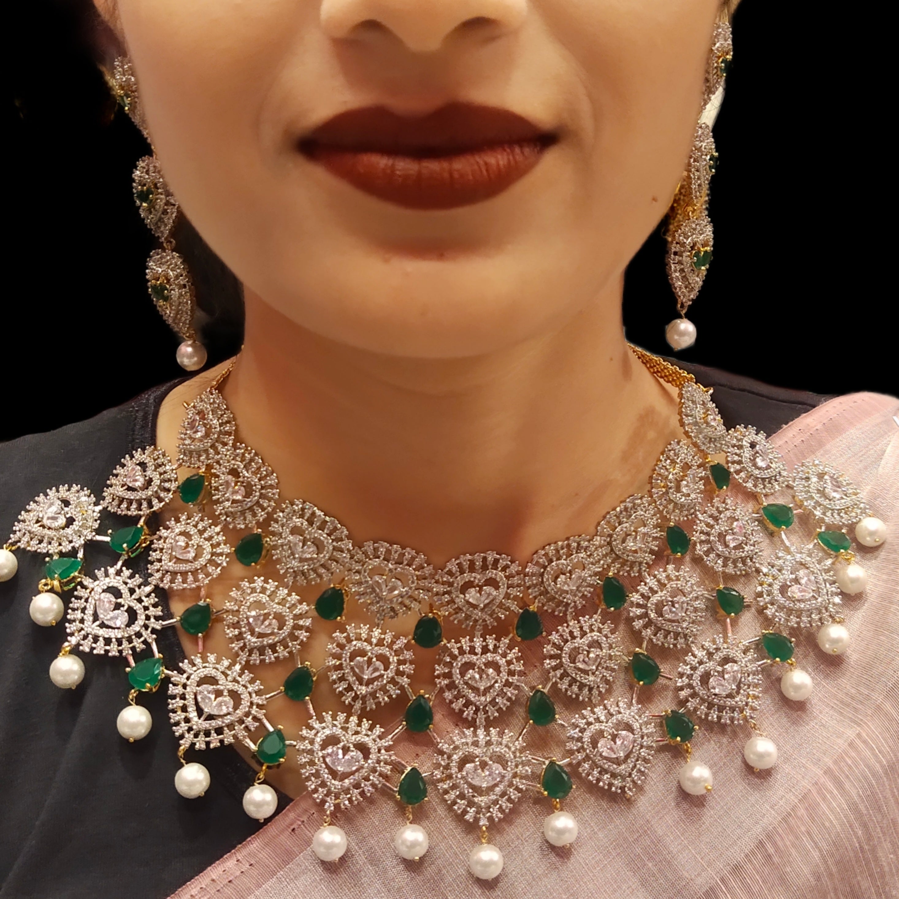 Emerald Pearl Drop Diamond Choker Set - Bridal Jewelry 24K Gold
