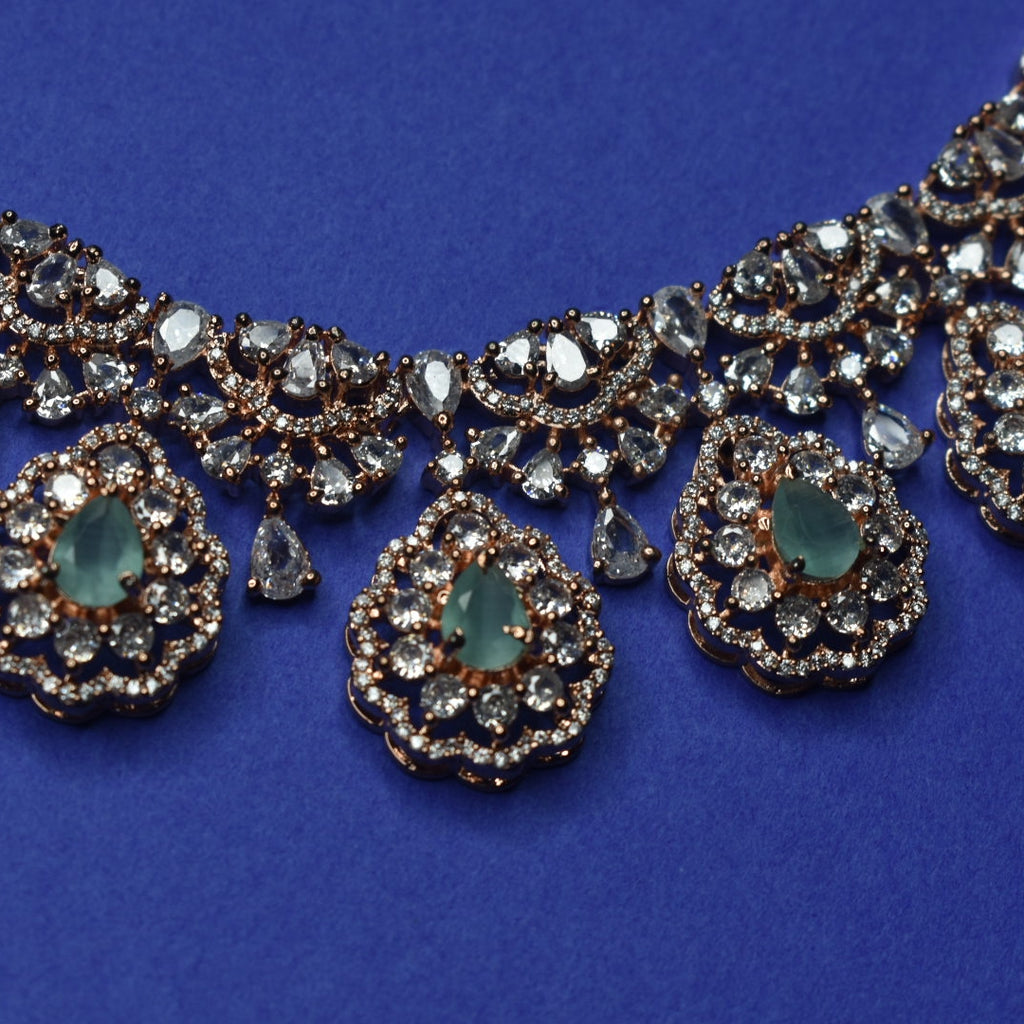 Rose Gold Plated Cubic Zircon Necklace - CZ Jhumka Jewelry Set