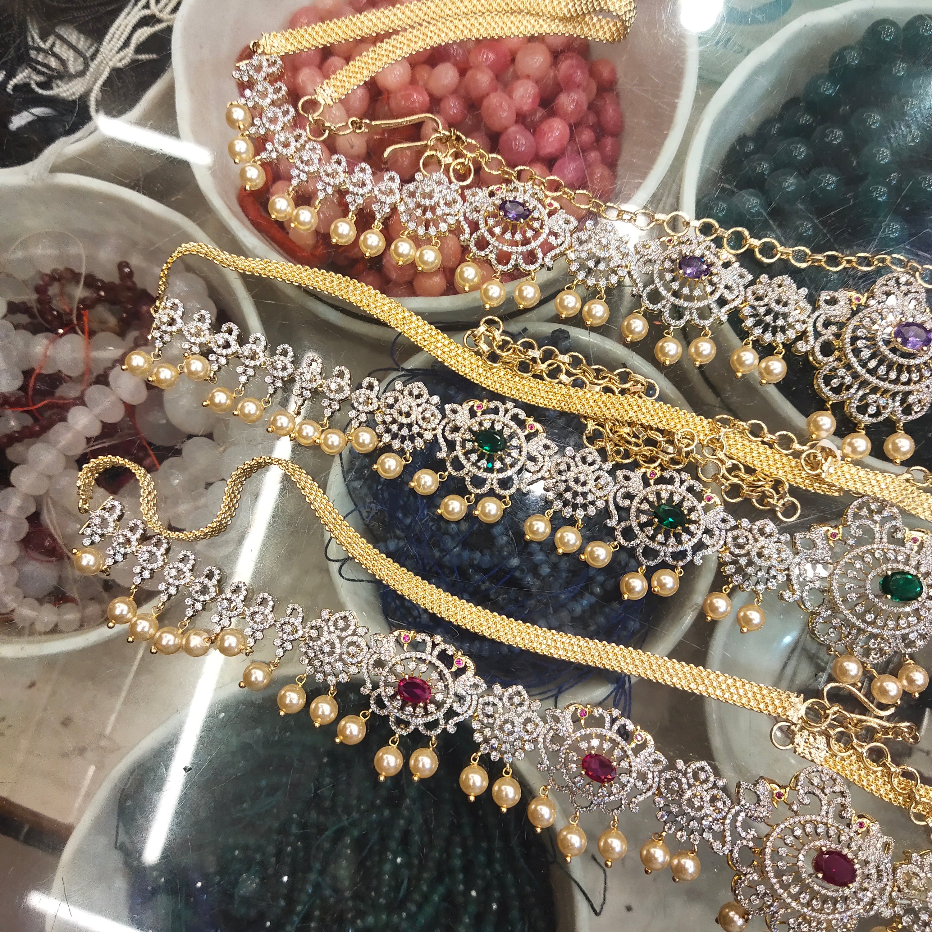 Zircon Rhodium-Gold Double Tone Diamond Look Chain Vaddanam for Bride