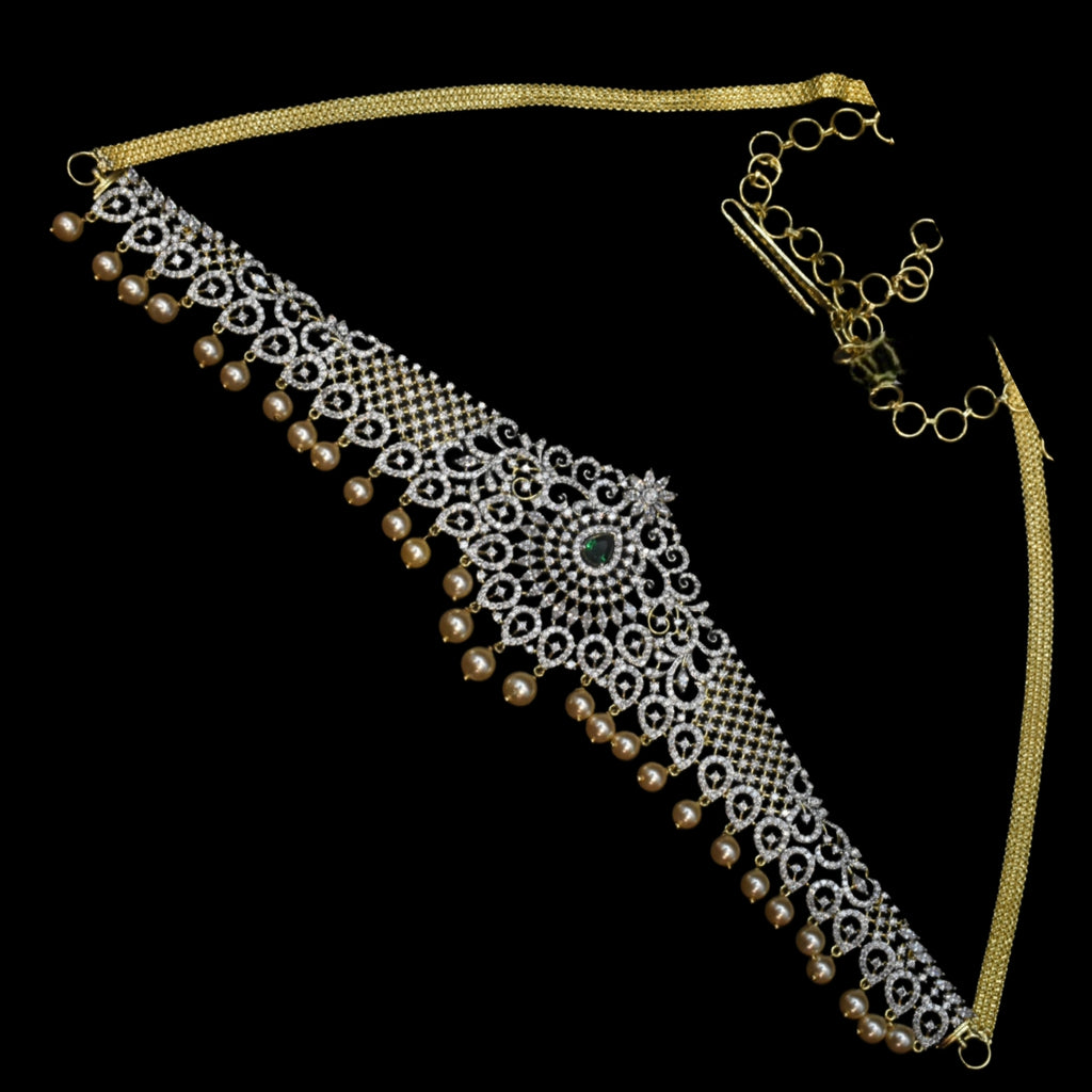 Green Zircon Rhodium-Gold Double Tone Plated Vaddanam Waist Chain