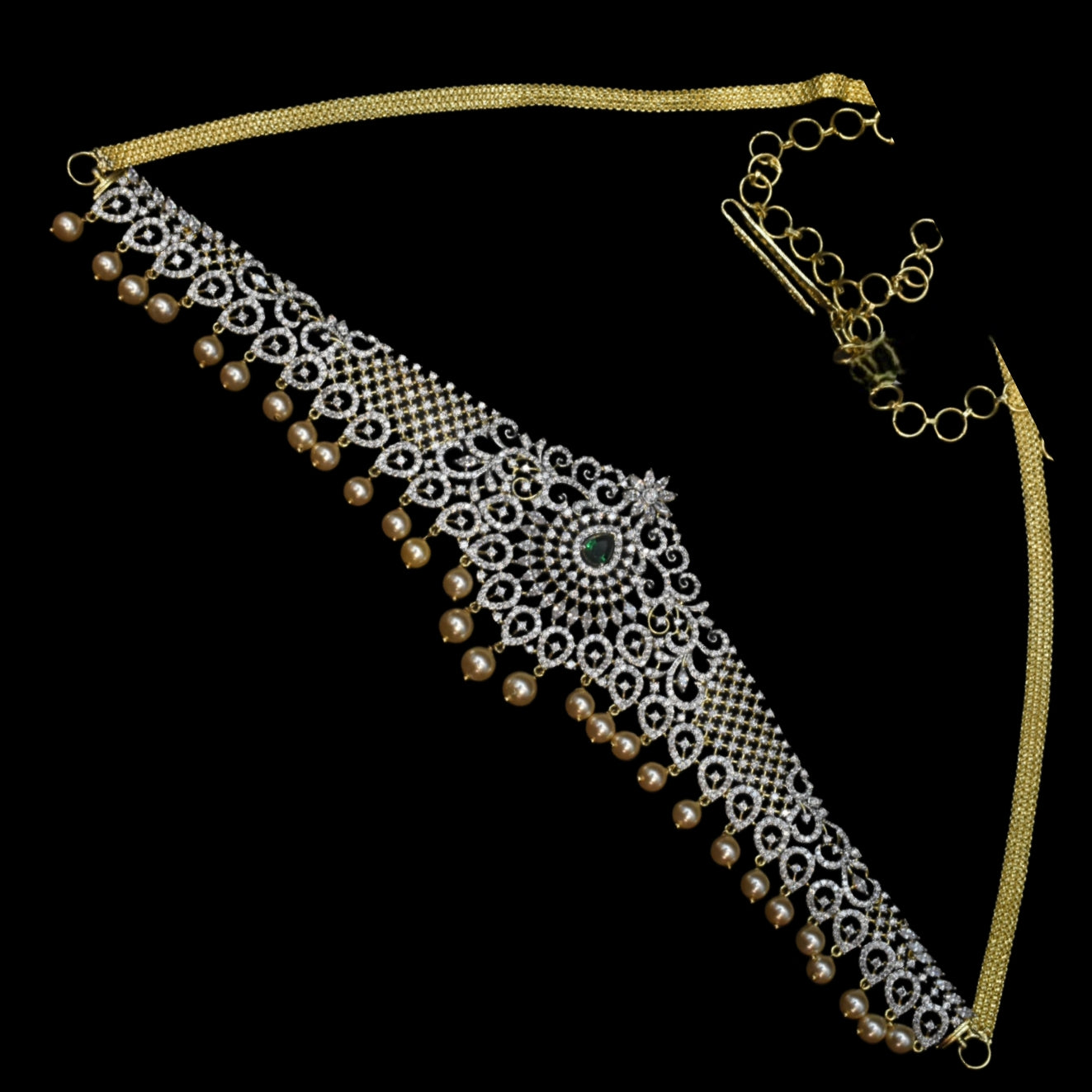 Green Zircon Rhodium-Gold Double Tone Plated Vaddanam Waist Chain