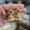 Gold Plated CZ Jhumka | Oval Ruby Halo Top, Emerald & Pearl Dome | Screw Back