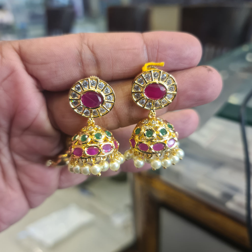 Gold Plated CZ Jhumka | Oval Ruby Halo Top, Emerald & Pearl Dome | Screw Back