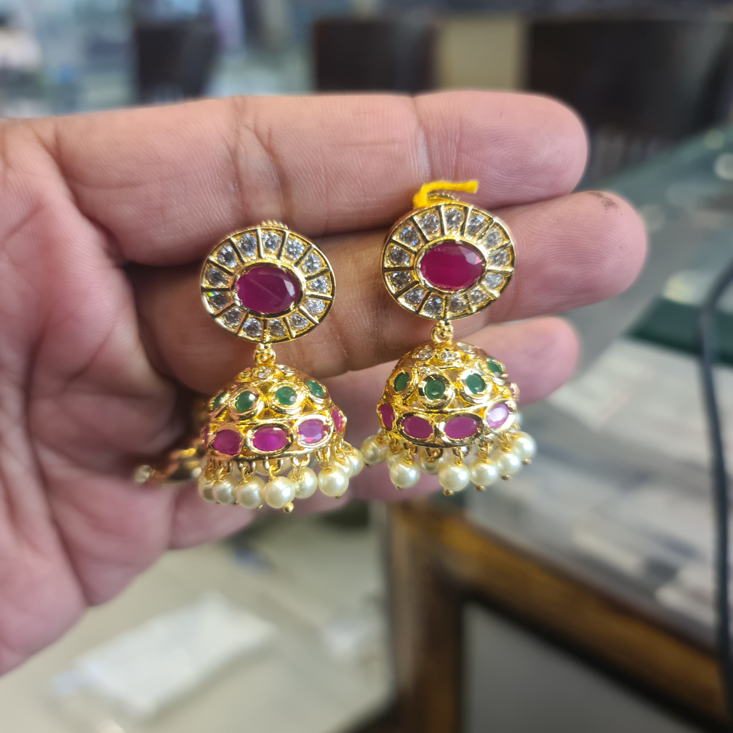 Gold Plated CZ Jhumka | Oval Ruby Halo Top, Emerald & Pearl Dome | Screw Back