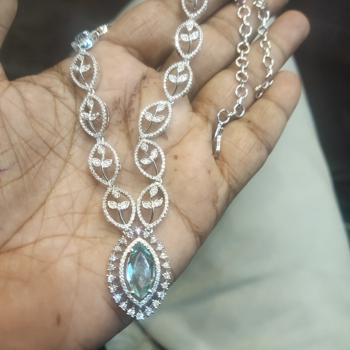 White Rhodium Zircon Necklace Set - Classy Diamond-Look Design