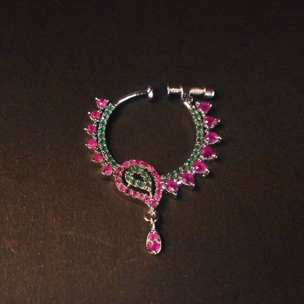 White Rhodium Plated South Indian Nath | No Piercing Nose Ring with Zircon Stones
