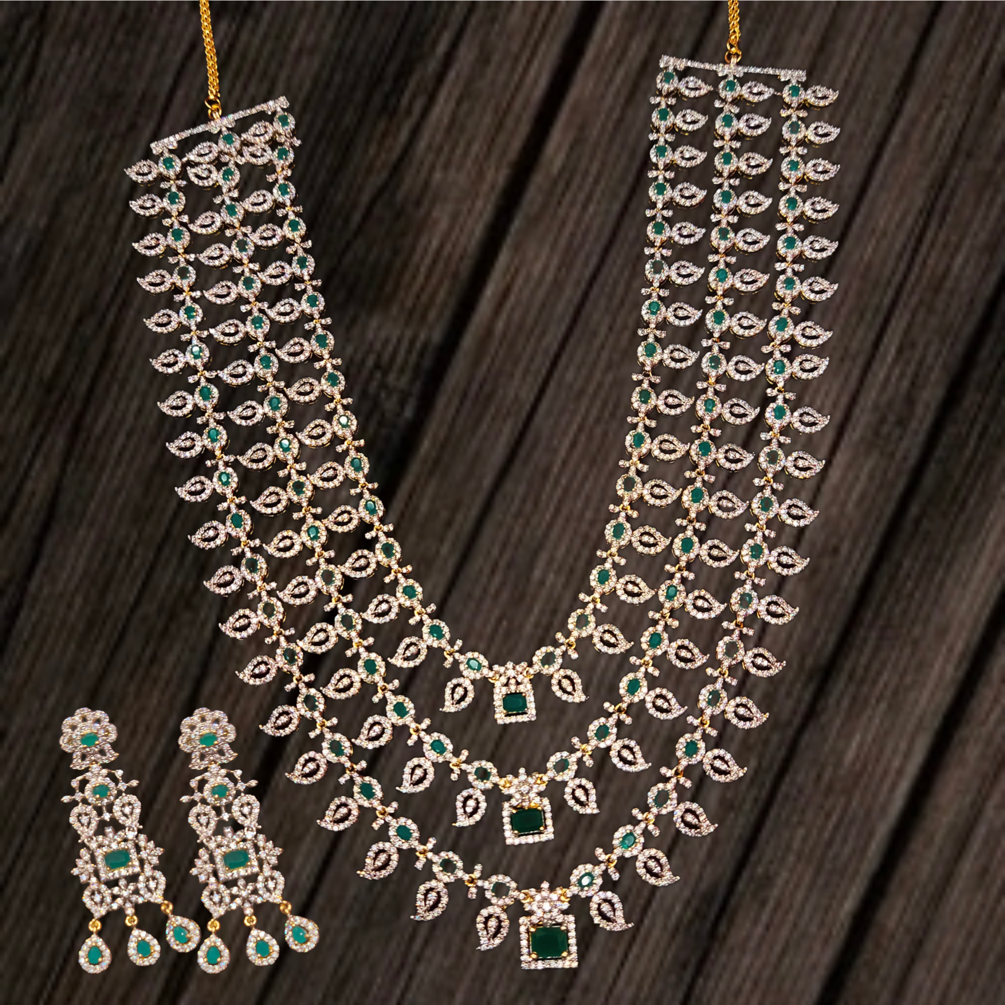 Layered Bridal American Diamond Emerald Haram - 24K Gold Wedding Necklace Set