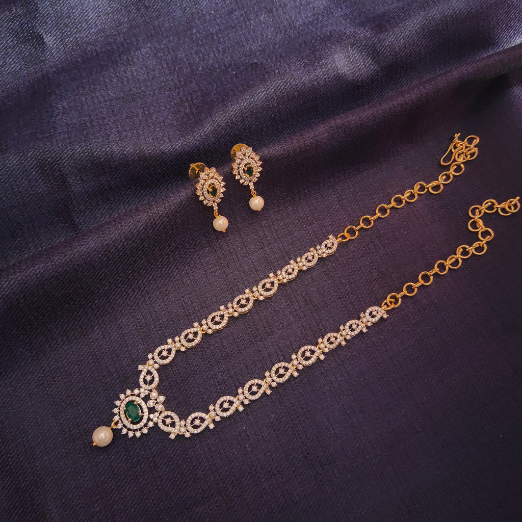Diamond Model Necklace Set - 24K Gold Plated Emerald Jewellery