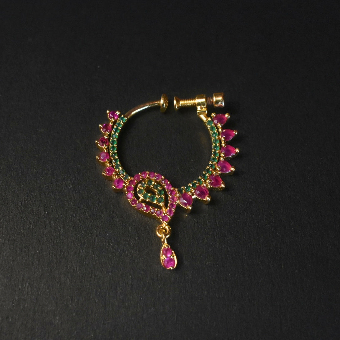 24K Gold Plated South Indian Nath | No Piercing Nose Ring with Zircon Stones