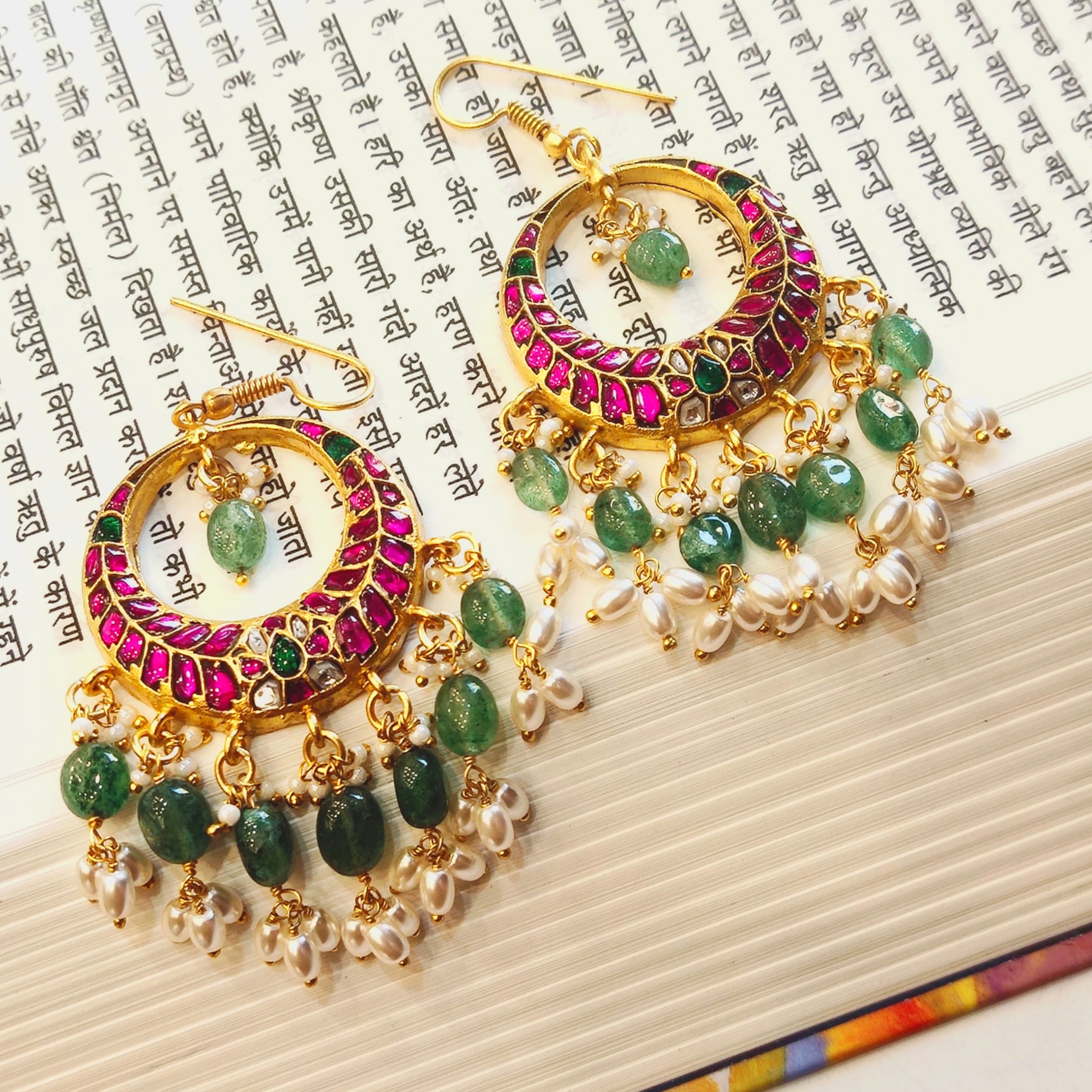 Jadau Kundan Dangler Earrings 3 Inch - 24K Gold Plated Pearl Jewelry 32g