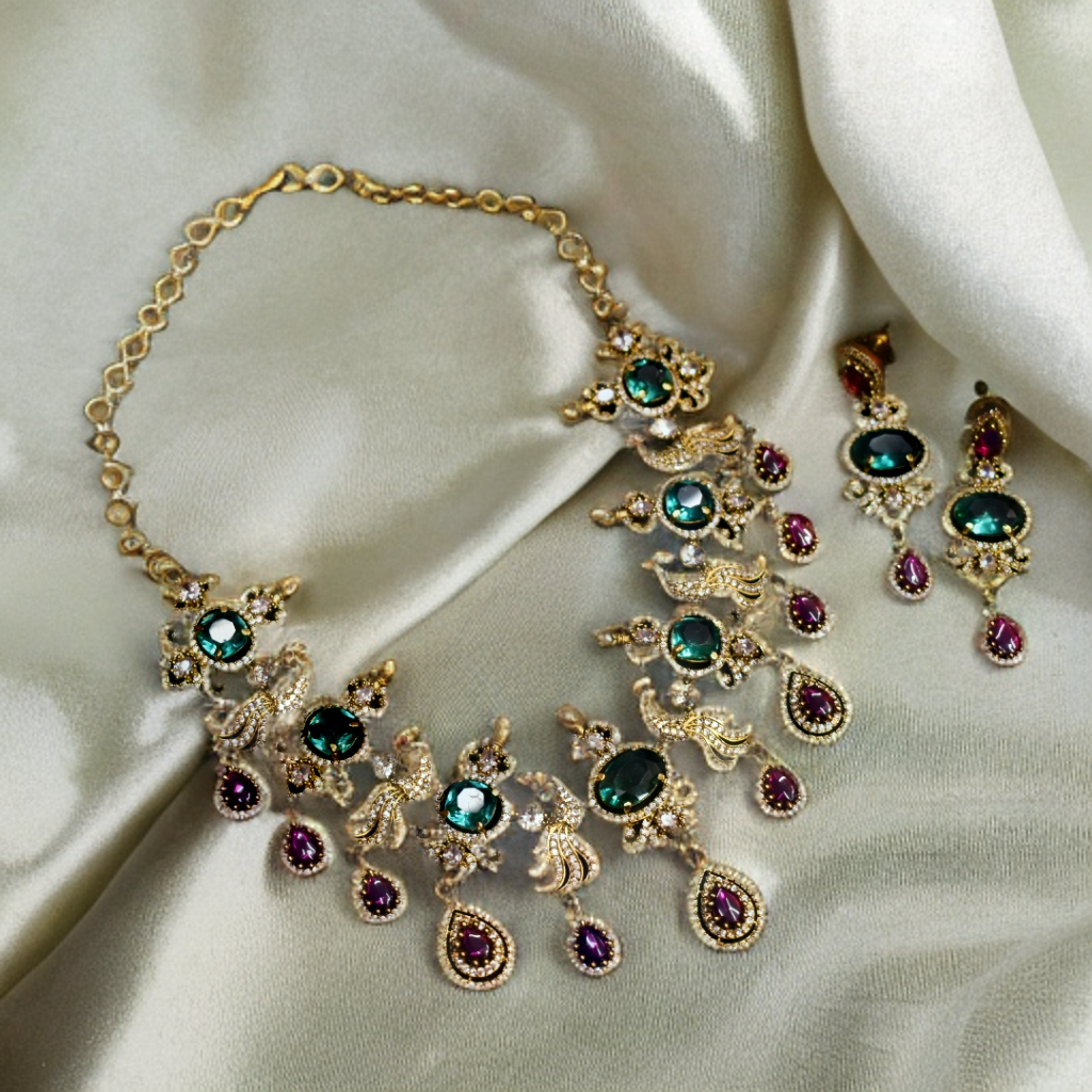 Victorian CZ Short Necklace Set - Ruby Emerald Studded Elegant Jewelry