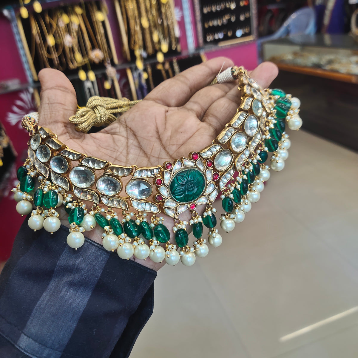 Exquisite Handcrafted Pachi Kundan Emerald Necklace Set