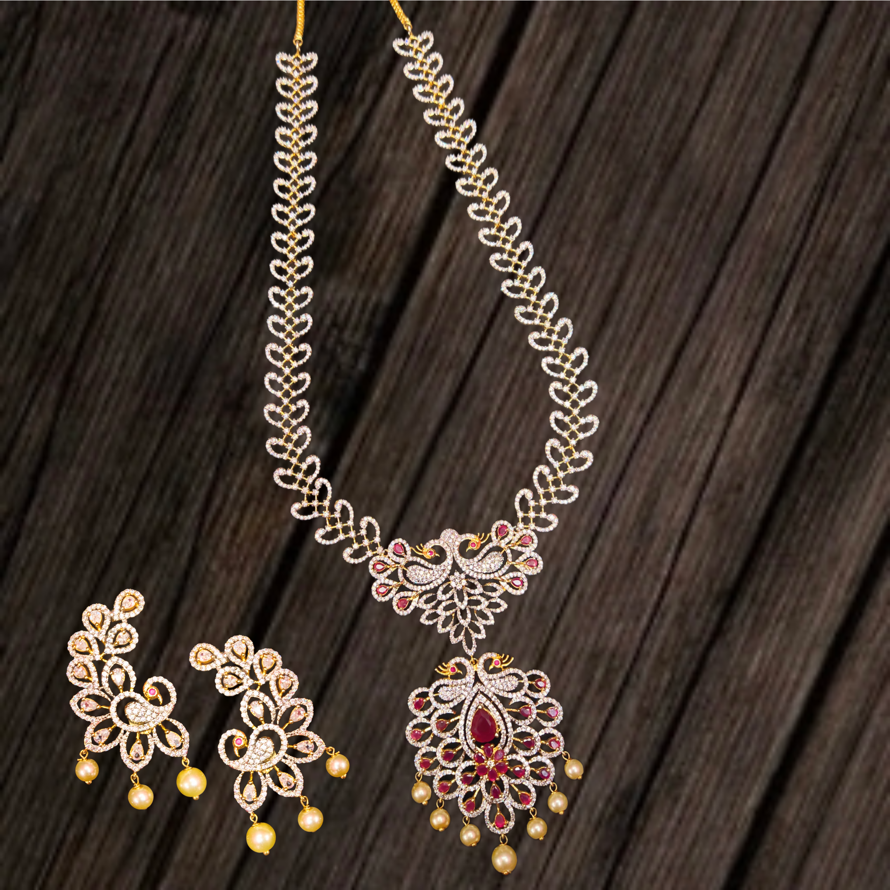 Elegant Peacock American Diamond Necklace Set - 24K Gold Bridal Haram with Ruby