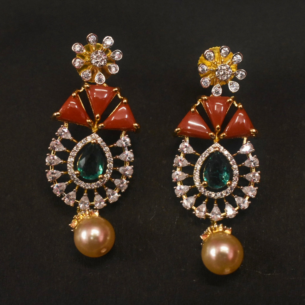 Rhodium Gold Plated Zircon Kanti Necklace Set with Coral Pearls & Emerald Beads