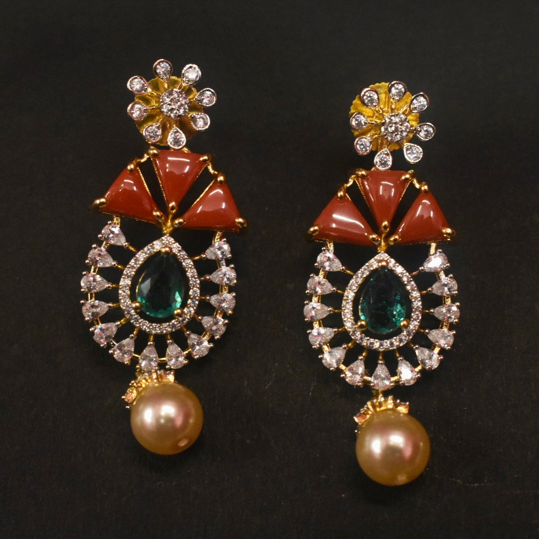 Rhodium Gold Plated Zircon Kanti Necklace Set with Coral Pearls & Emerald Beads