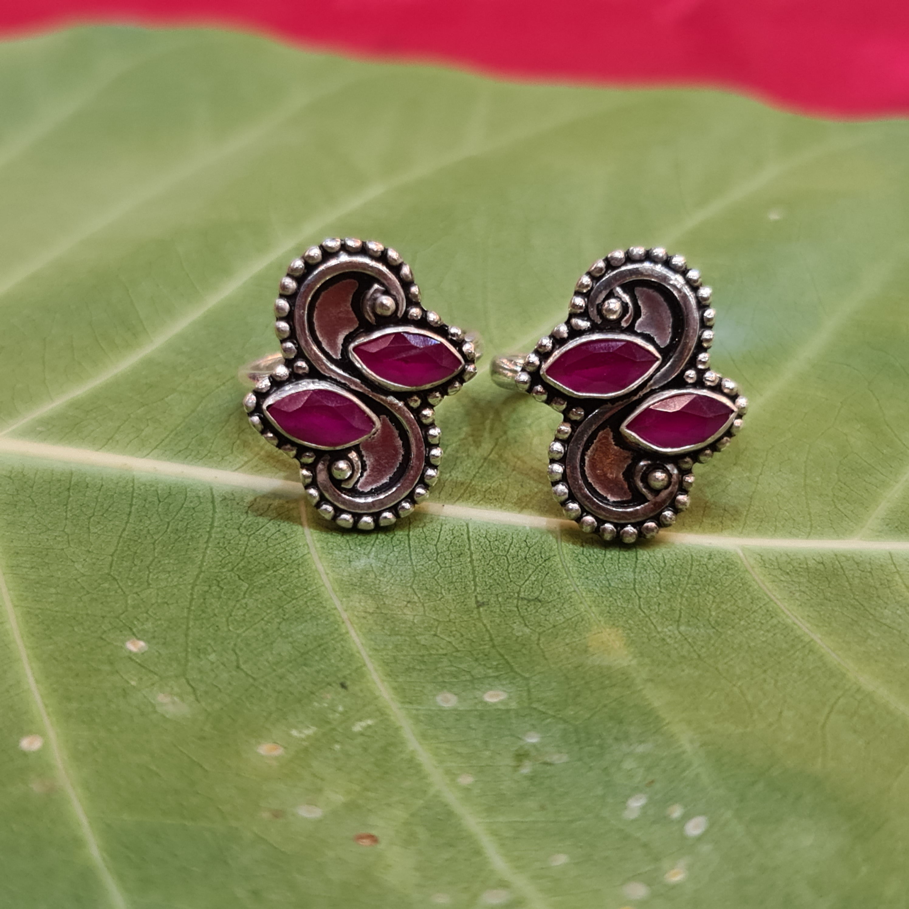 925 Sterling Silver Ruby & American Diamond Toe Rings - Luxury Bichiya 9.8g