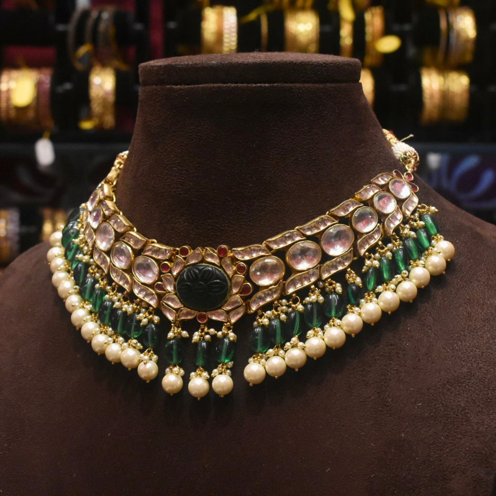 Exquisite Handcrafted Pachi Kundan Emerald Necklace Set