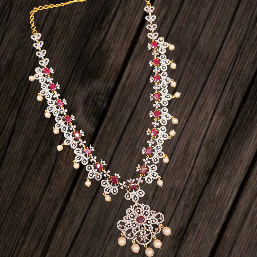 CZ Diamond & Ruby Long Haram Necklace Set | 24 Inch 24K Gold Plated Bridal Jewelry with Pearl Drops