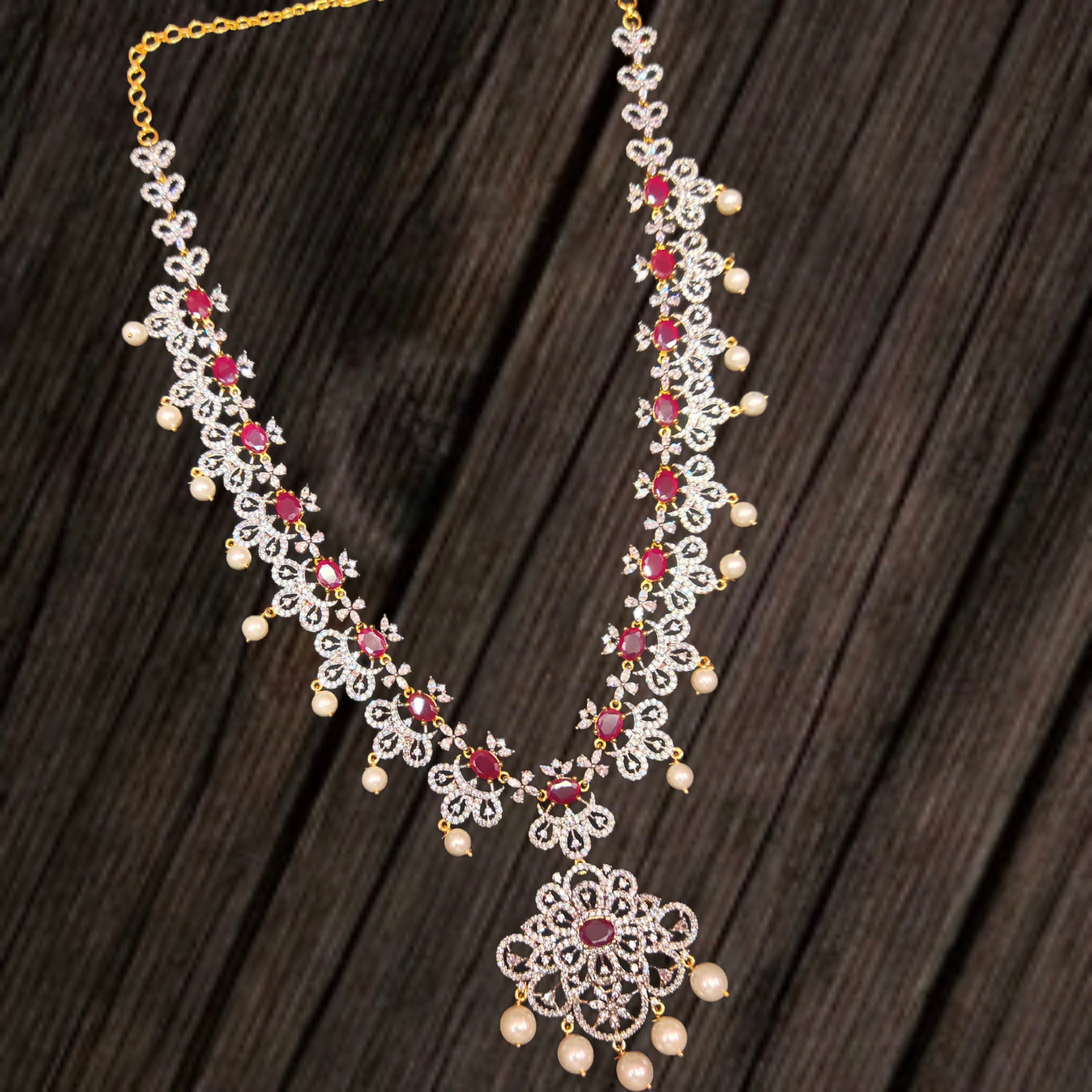 Shimmering Diamond & Ruby Long Haram - Premium Bridal Necklace Set